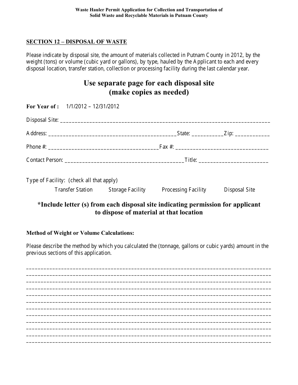 Waste Hauler Permit Application for Collection and Transportation of Solid Waste and Recyclable Materials in Putnam County - Putnam County, New York, Page 12