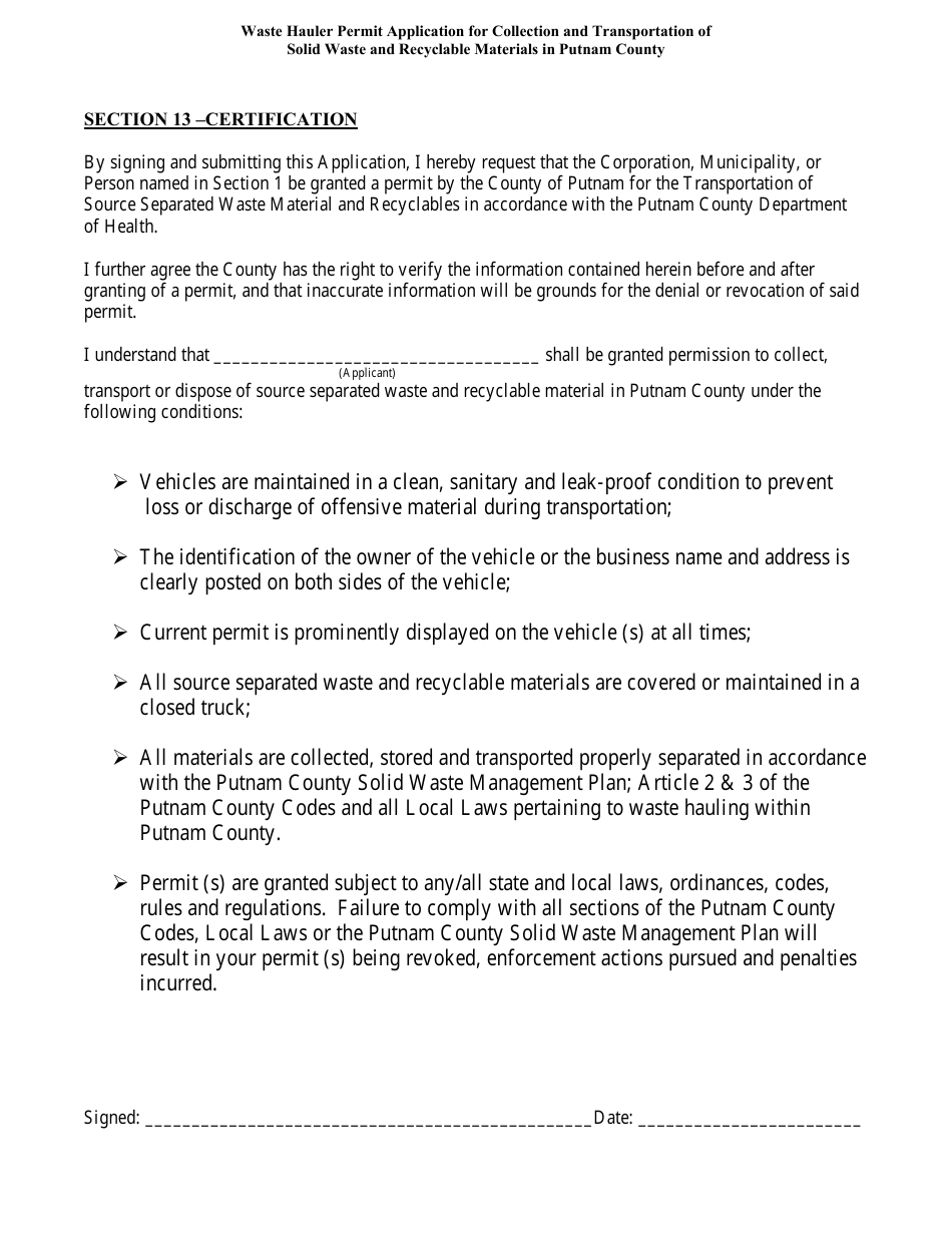 Waste Hauler Permit Application for Collection and Transportation of Solid Waste and Recyclable Materials in Putnam County - Putnam County, New York, Page 14