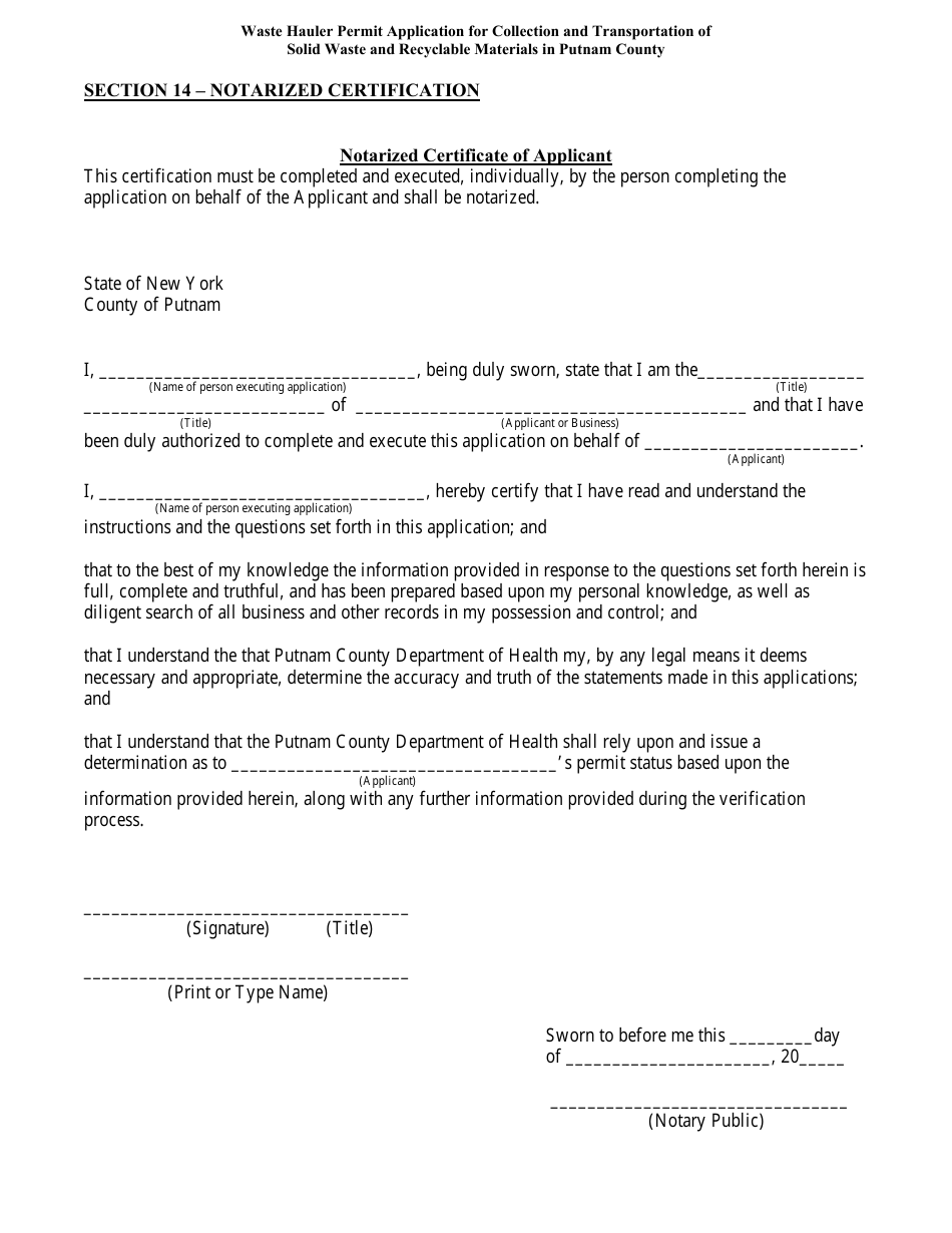 Putnam County, New York Waste Hauler Permit Application for Collection ...