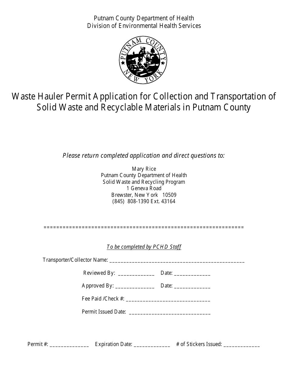 Waste Hauler Permit Application for Collection and Transportation of Solid Waste and Recyclable Materials in Putnam County - Putnam County, New York, Page 1
