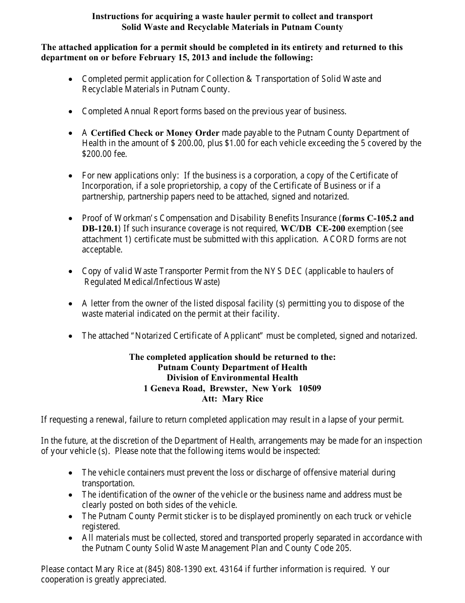 Waste Hauler Permit Application for Collection and Transportation of Solid Waste and Recyclable Materials in Putnam County - Putnam County, New York, Page 4