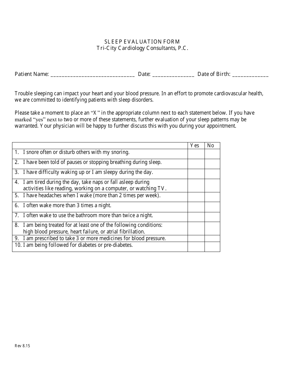 Sleep Evaluation Form - Tri-City Cardiology Consultants, P.c., Page 1