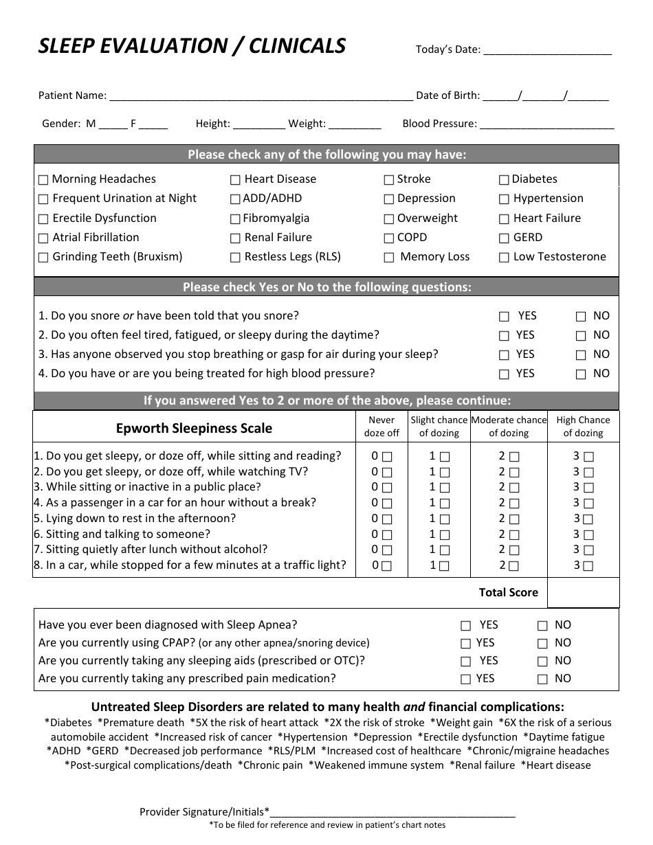 Sleep Evaluation / Clinicals Form, Page 1