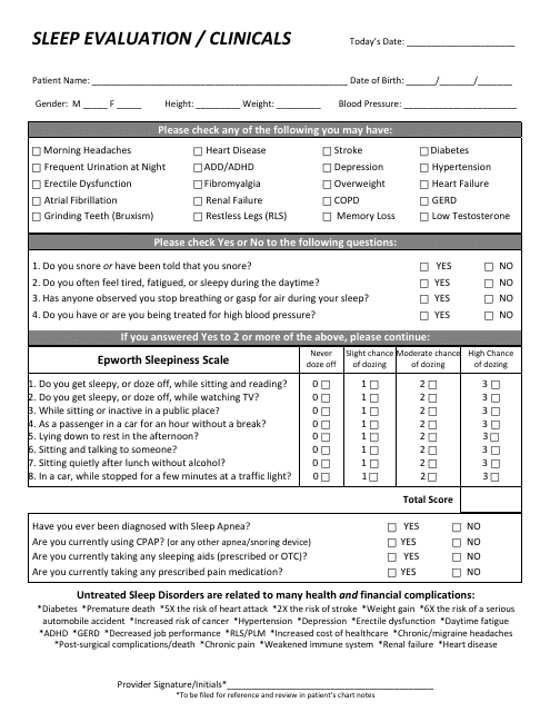 Sleep Evaluation / Clinicals Form Download Pdf