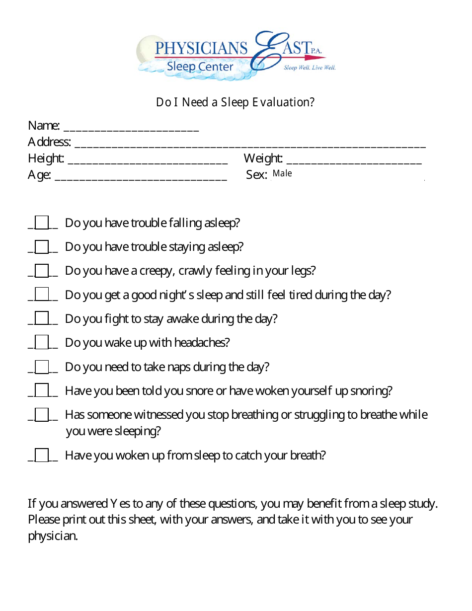 Sleep Evaluation Form - Physicians East Sleep Center, Page 1
