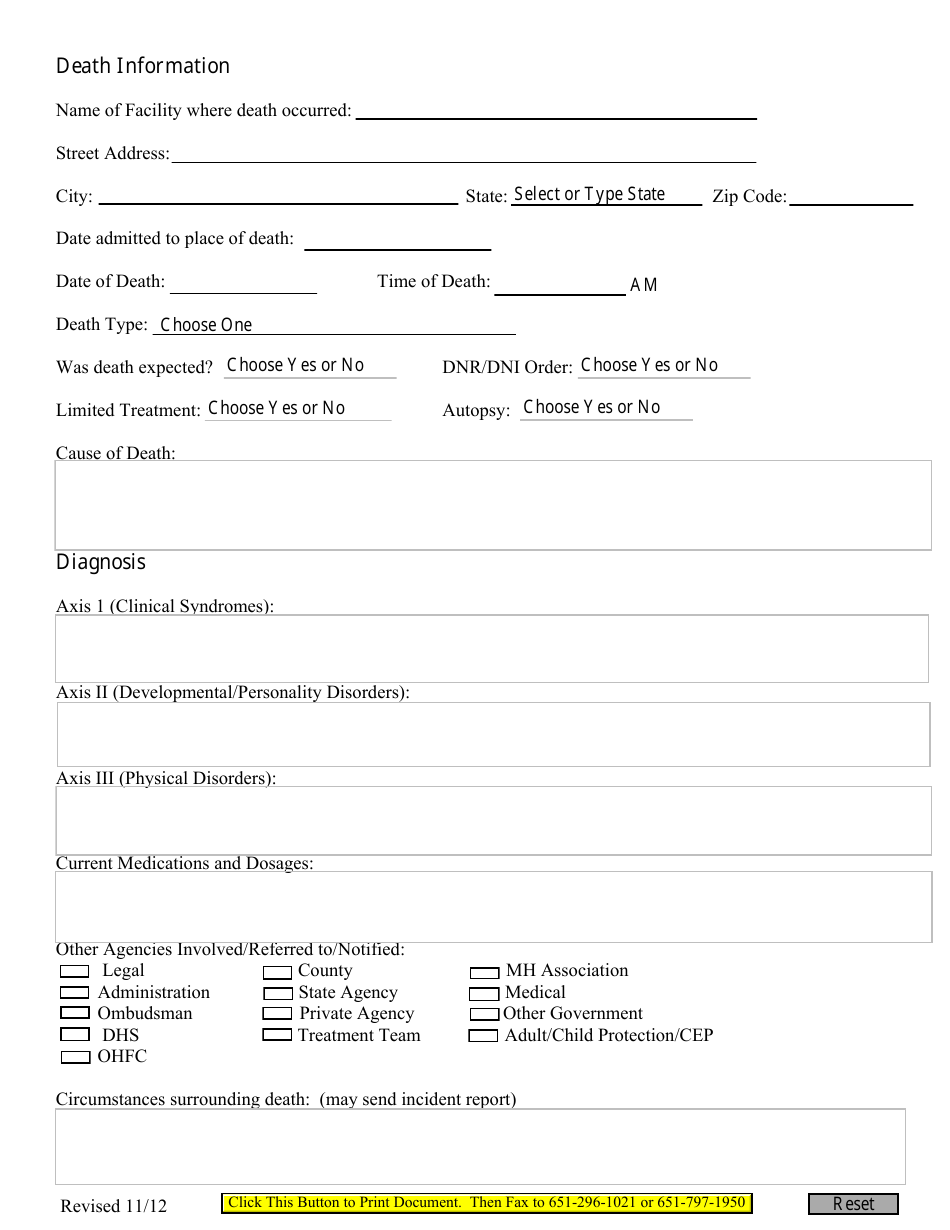 Minnesota Death Report Form - Fill Out, Sign Online and Download PDF ...