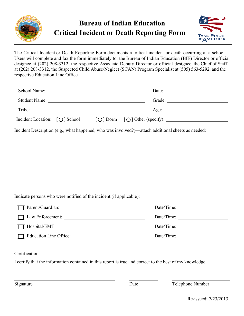 Critical Incident or Death Reporting Form, Page 1