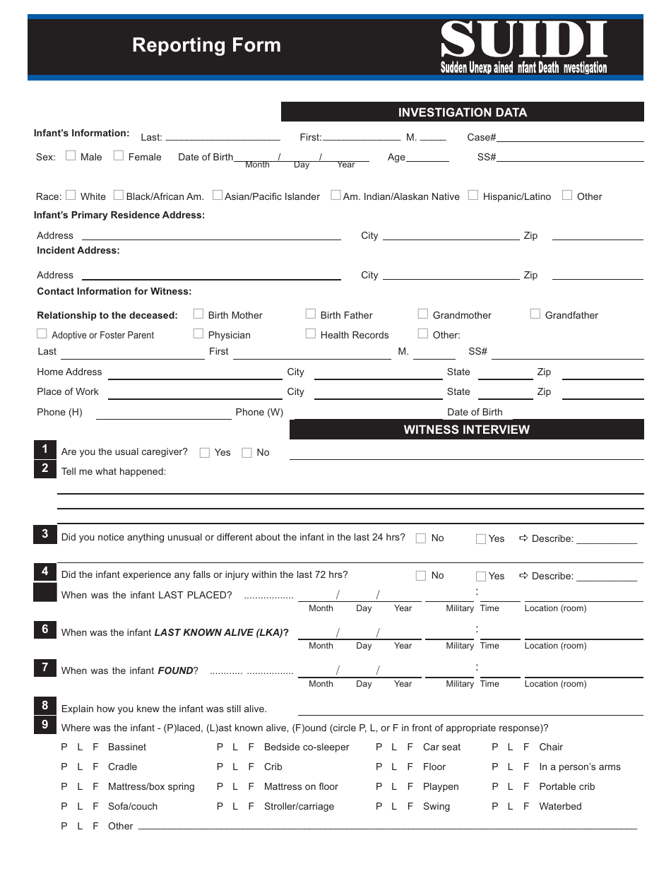 Infant Death Reporting Form - Sudden Unexplained Infant Death Investigation, Page 1