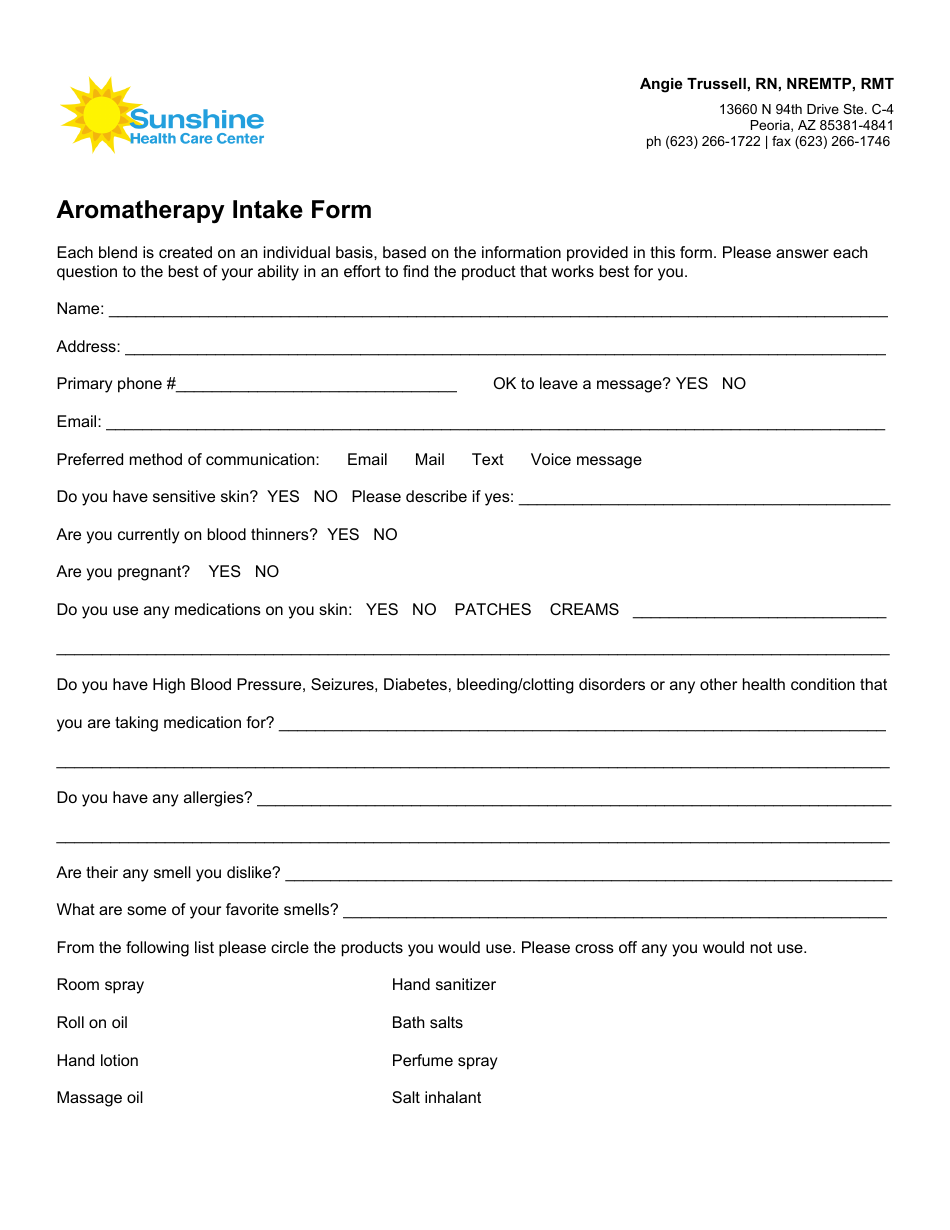 Aromatherapy Intake Form - Sunshine Healthcare Center, Page 1