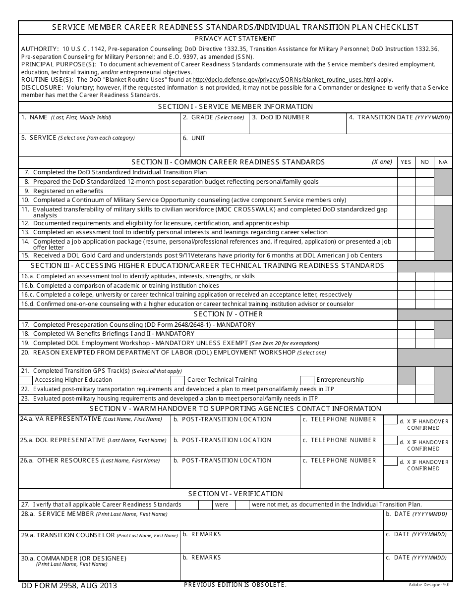 DD Form 2958 Service Member Career Readiness Standards / Individual Transition Plan Checklist, Page 1