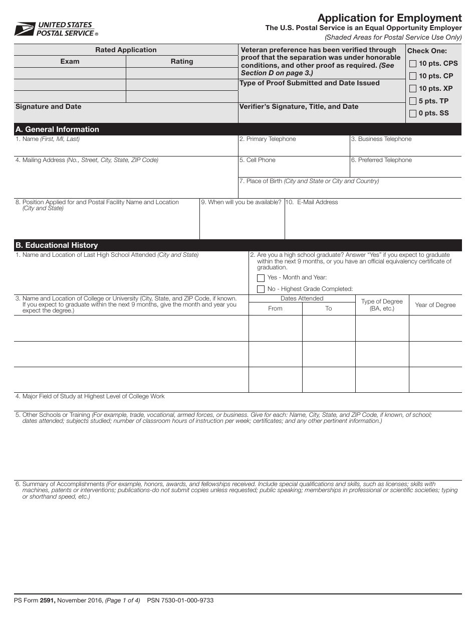 PS Form 2591 Application for Employment, Page 1