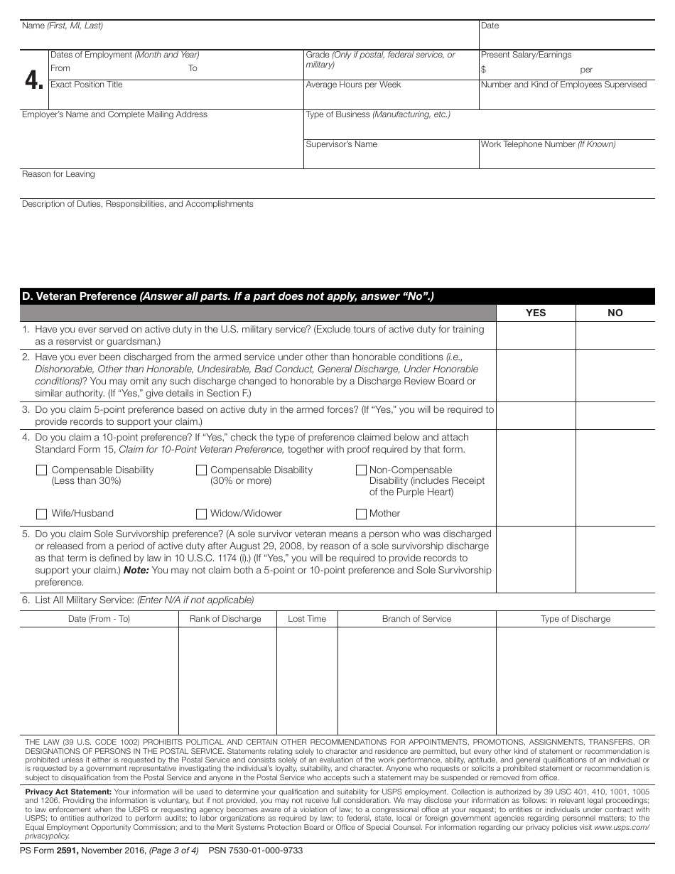 PS Form 2591 Application for Employment, Page 3