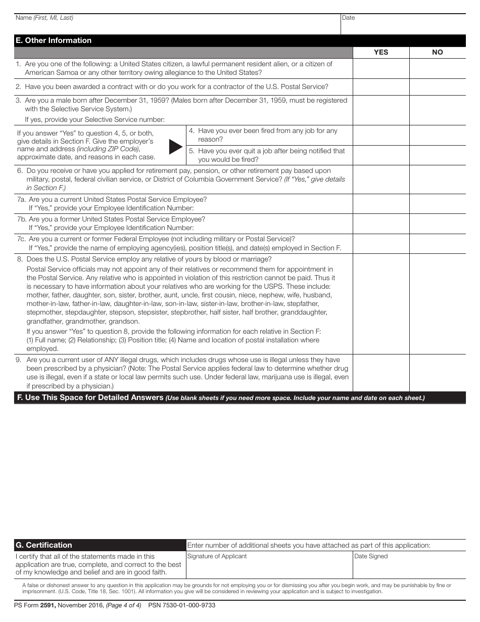 PS Form 2591 Application for Employment, Page 4
