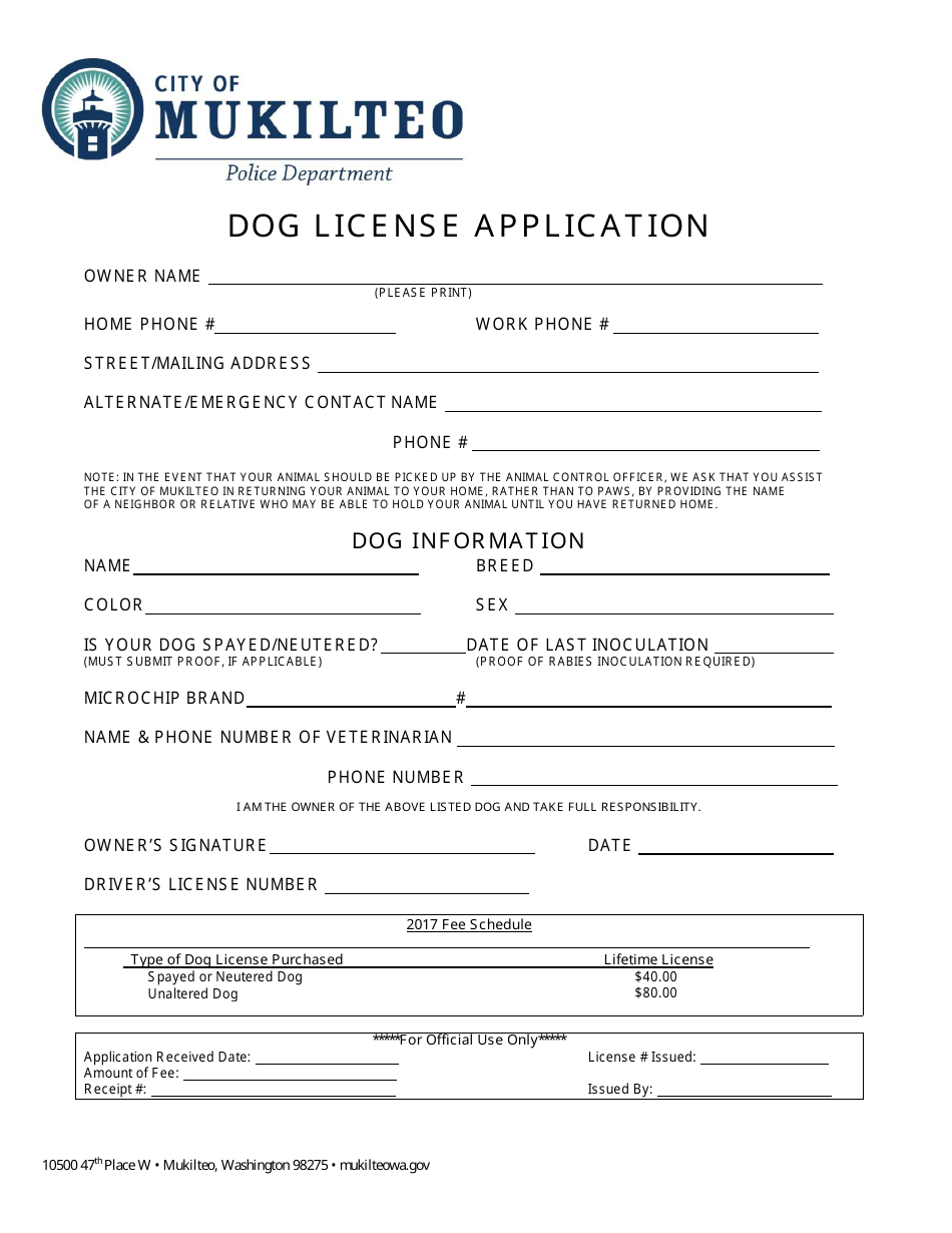 Dog License Application Form - City of Mukilteo, Washington, Page 1