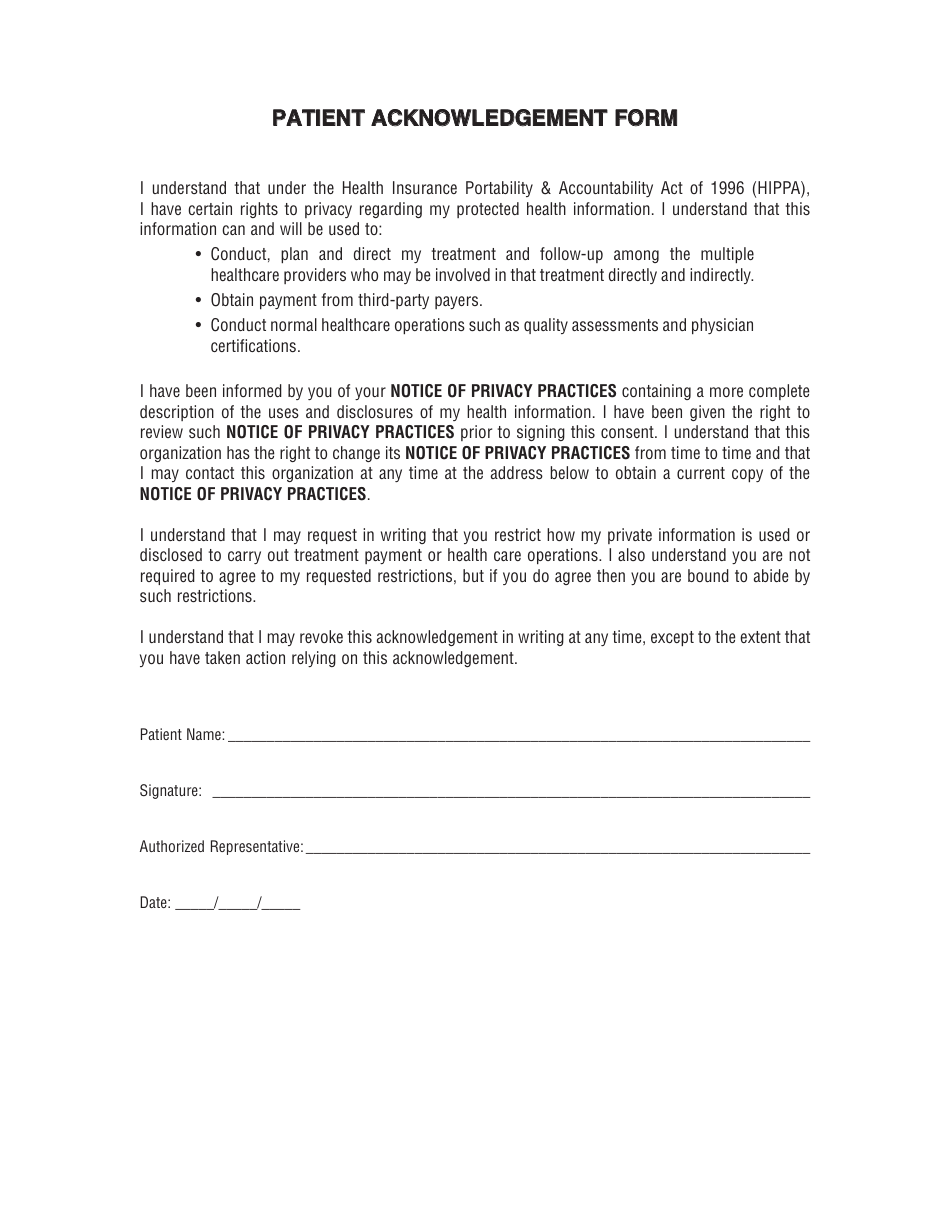 Patient Acknowledgement Form, Page 1