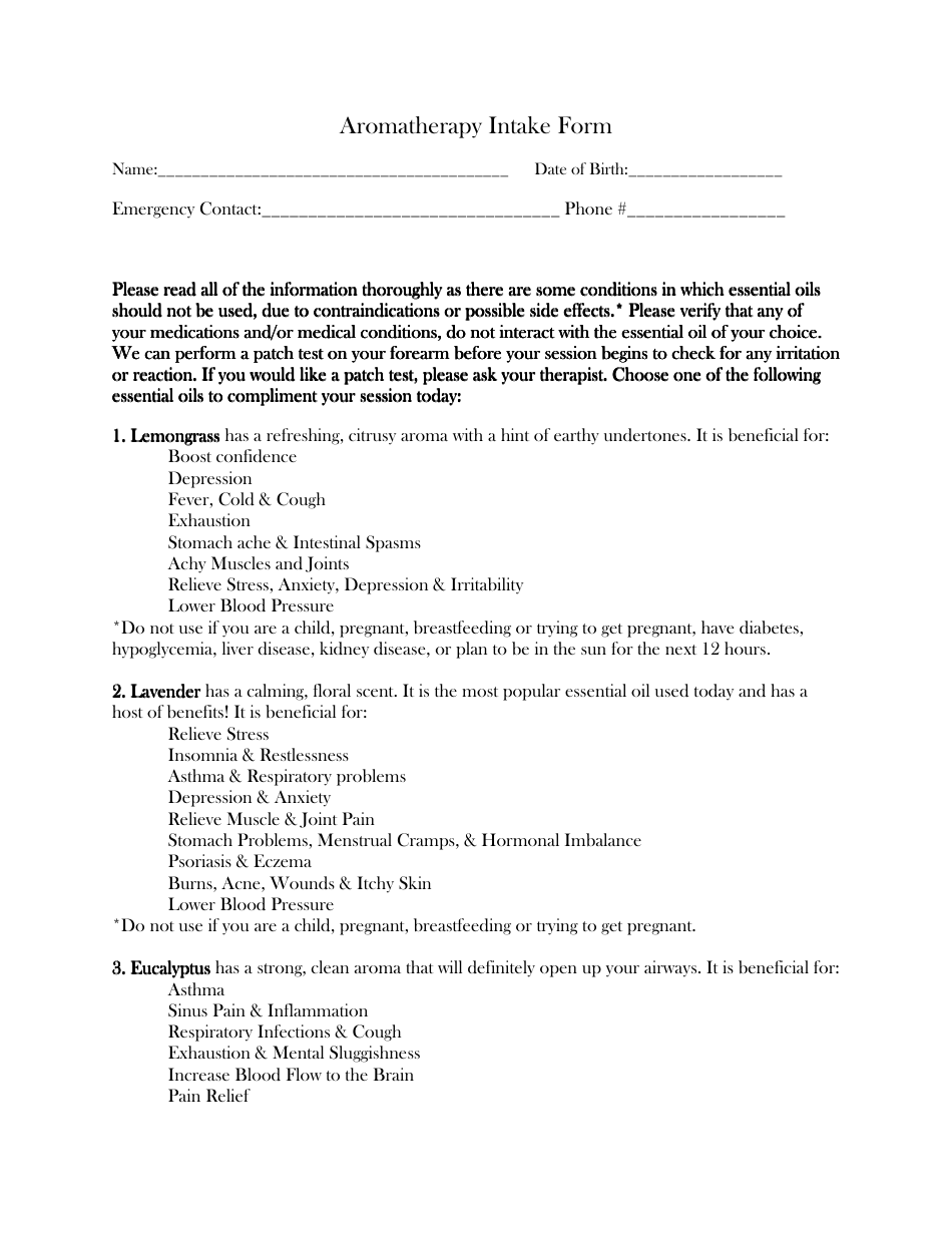 Aromatherapy Intake Form - Five Points, Page 1