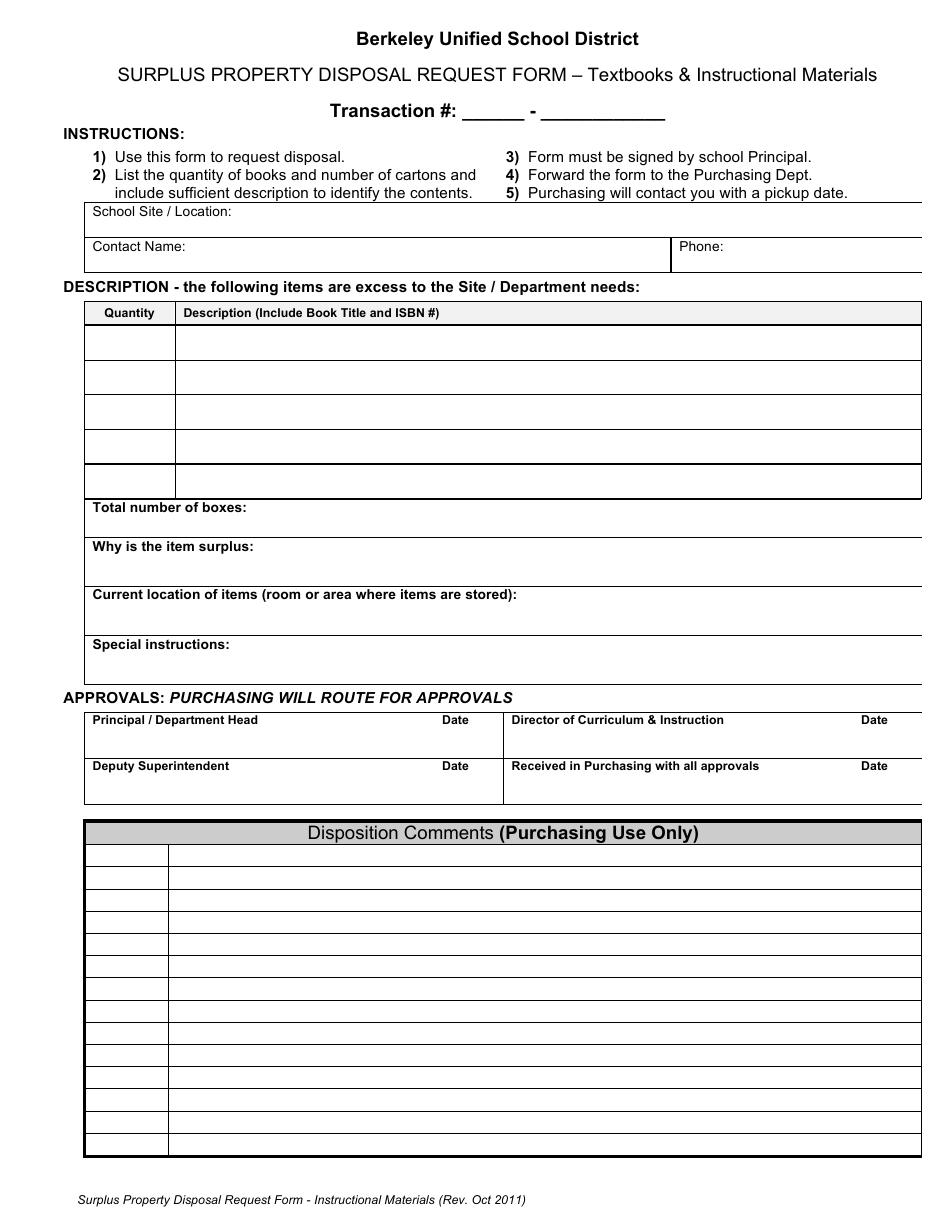 Surplus Property Disposal Request Form - Berkeley Unified School District, Page 1
