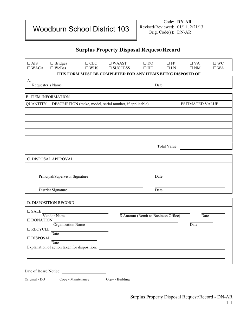 Surplus Property Disposal Request / Record Form - Woodburn School District 103, Page 1