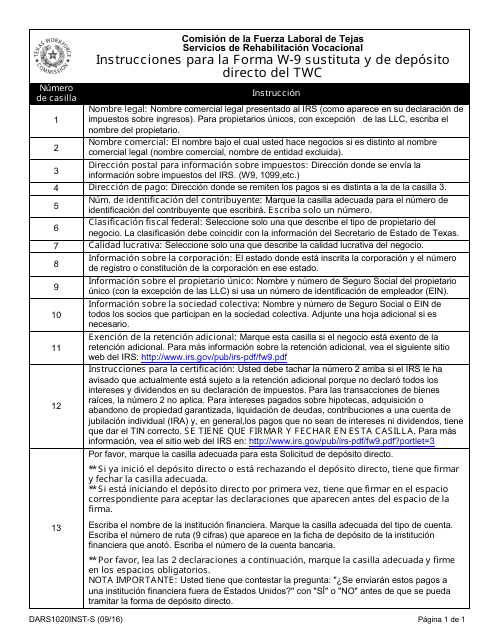 Instrucciones para Formulario DARS1020-S Forma W-9 Sustituta Y De Deposito Directo Del Twc - Texas (Spanish)