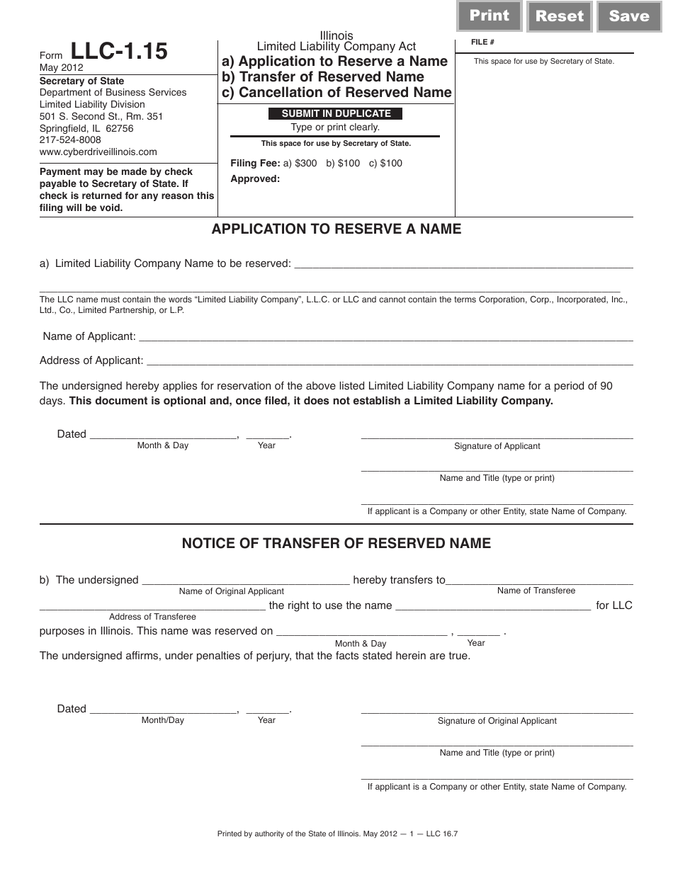 Form LLC-1.15 Application to Reserve a Name, Transfer of Reserved Name, Cancellation of Reserved Name - Illinois, Page 1