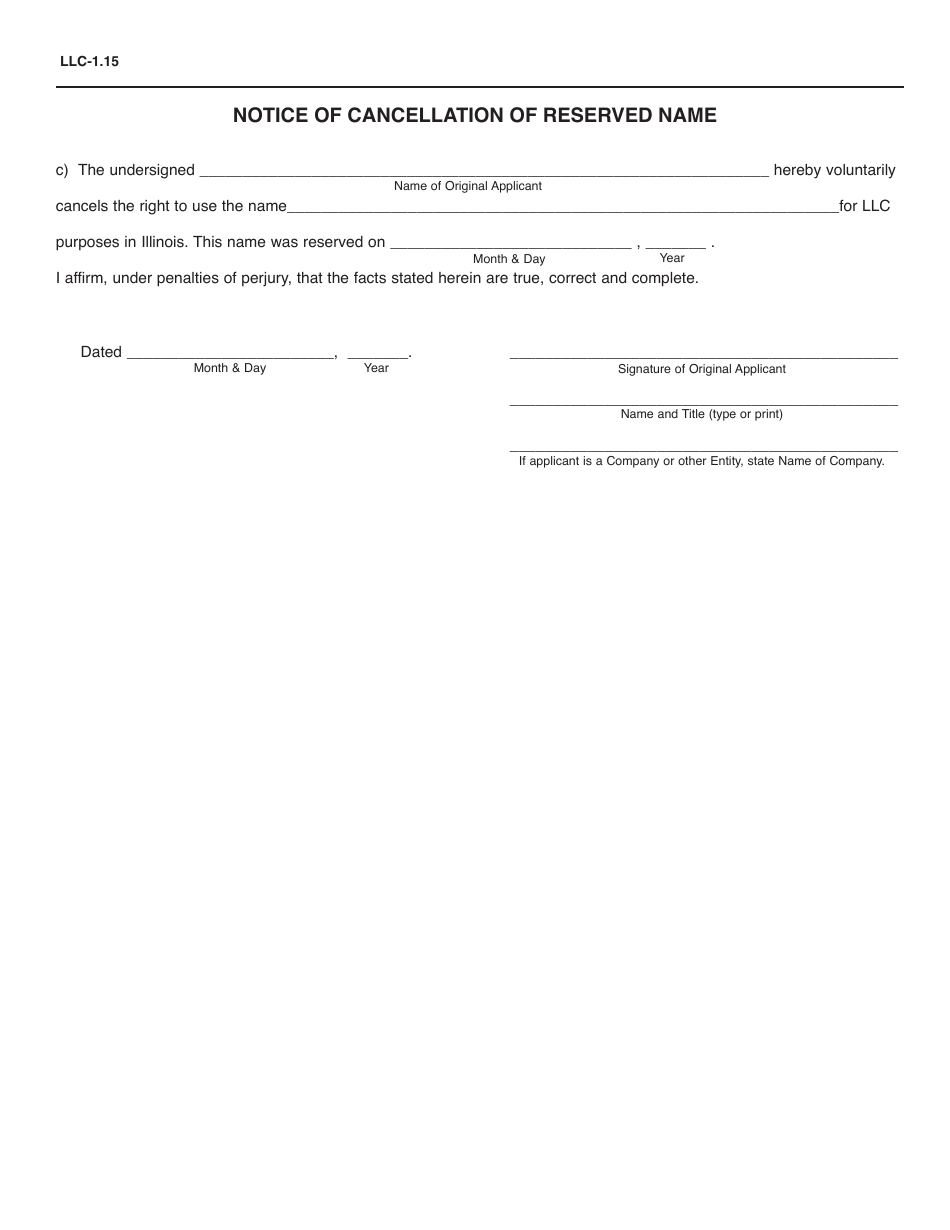 Form LLC-1.15 Application to Reserve a Name, Transfer of Reserved Name, Cancellation of Reserved Name - Illinois, Page 2
