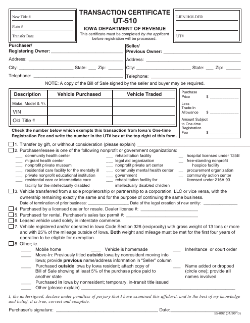 Form 55-002 (UT-510) Transaction Certificate - Iowa