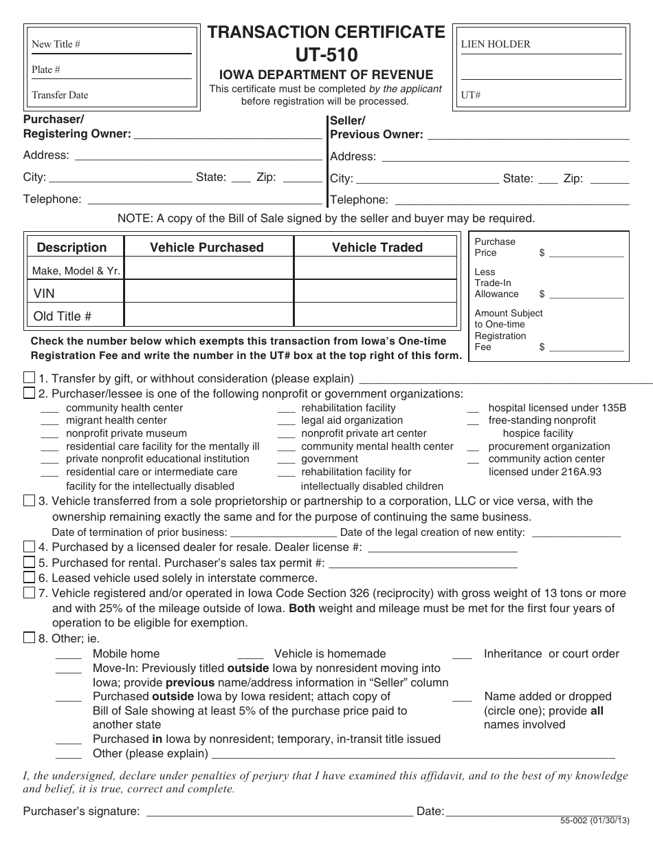 Form 55-002 (UT-510) Transaction Certificate - Iowa, Page 1