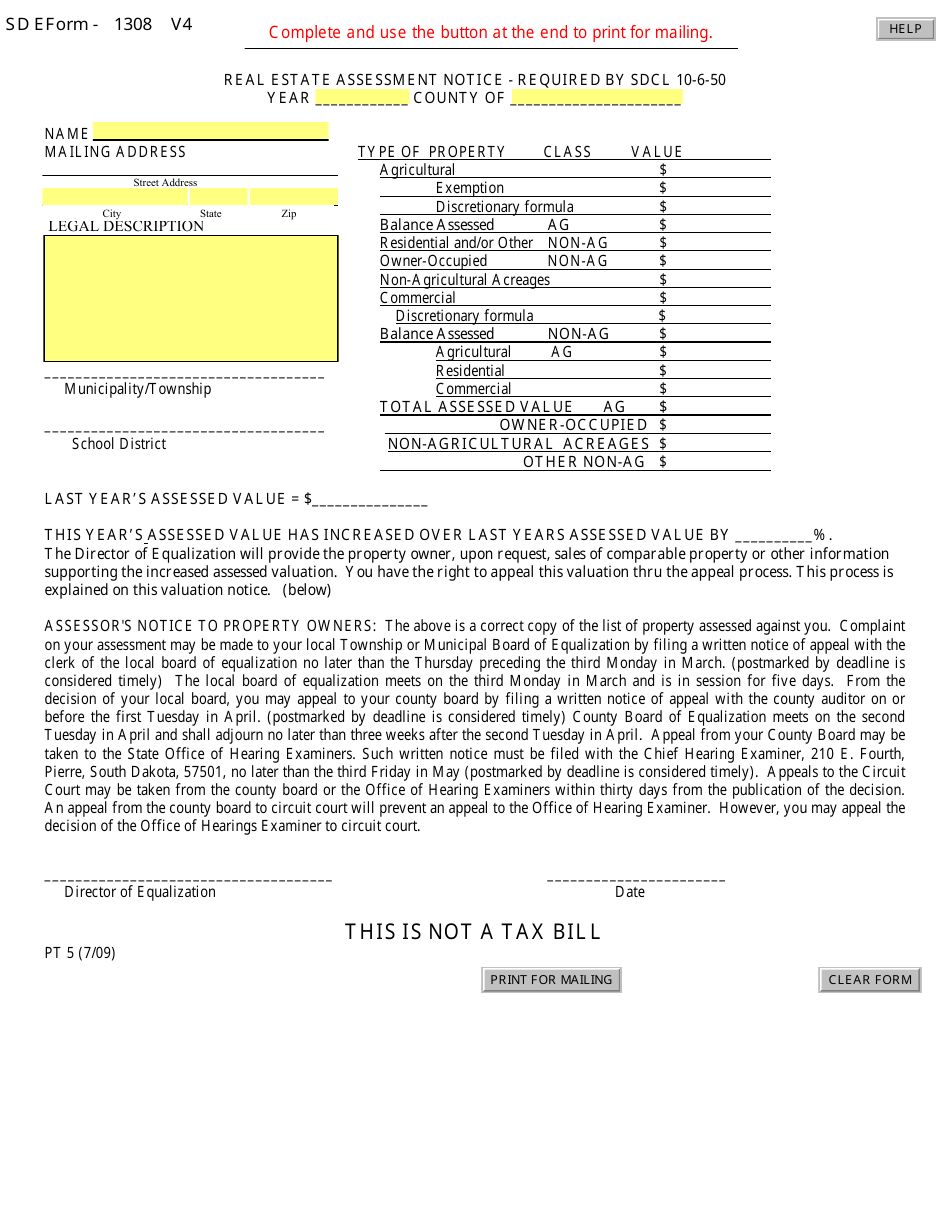 Form PT5 Real Estate Assessment Notice - South Dakota, Page 1