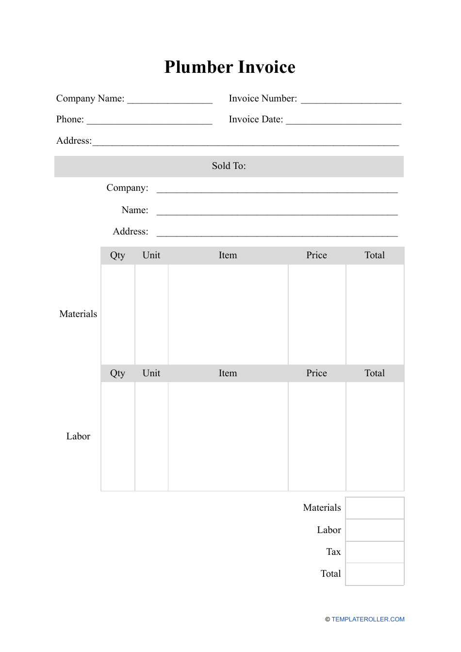 Plumber Invoice Template Fill Out, Sign Online and Download PDF