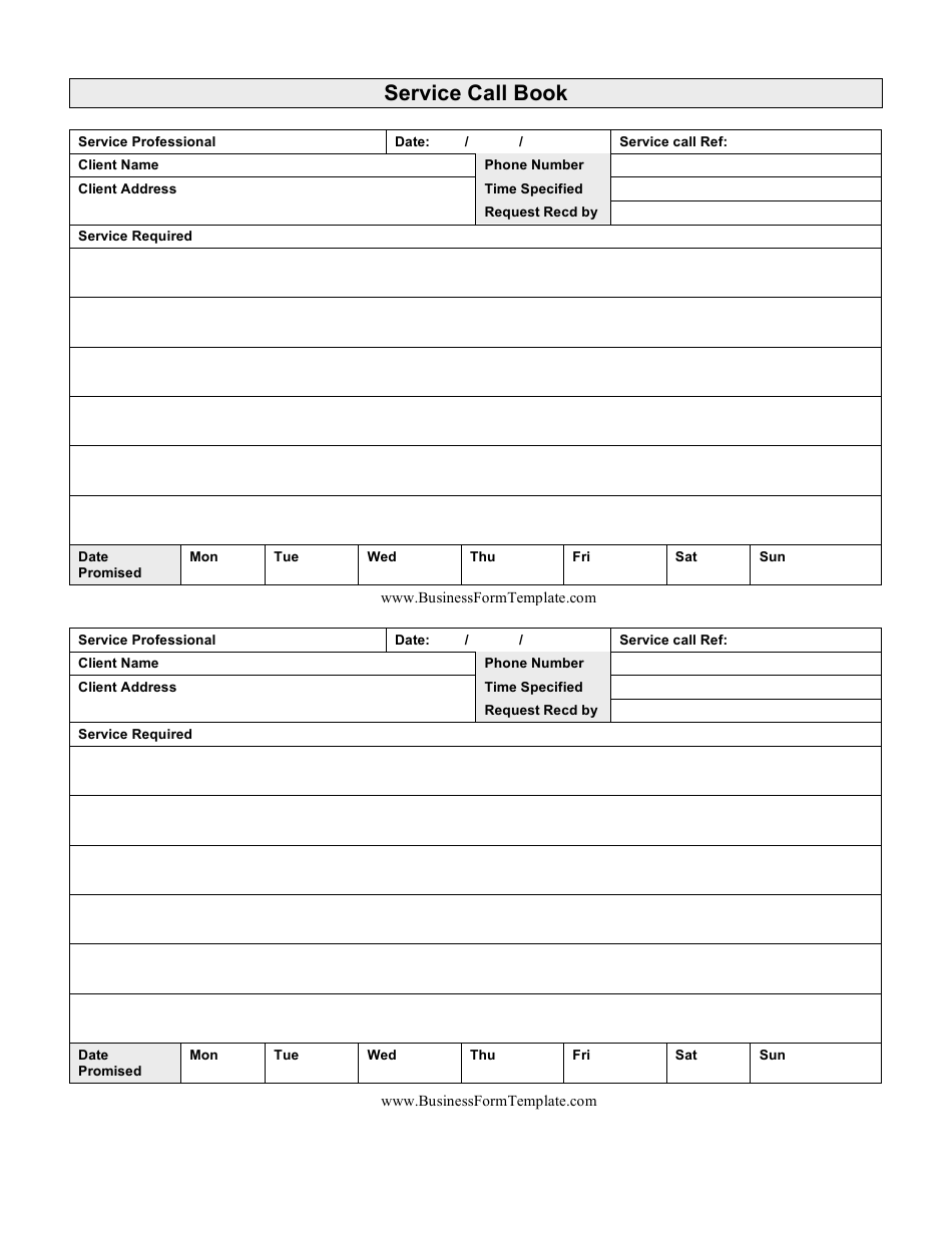 Service Call Book Template - Professional Service Log and Contact Sheet