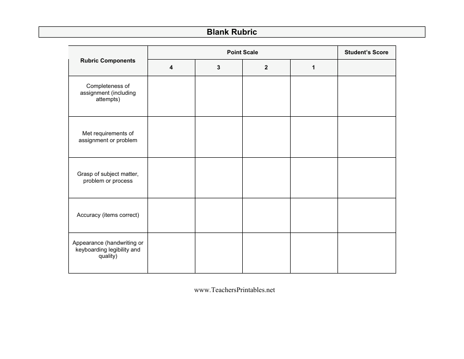 A blank rubric template that can be filled out to evaluate and assess different criteria.