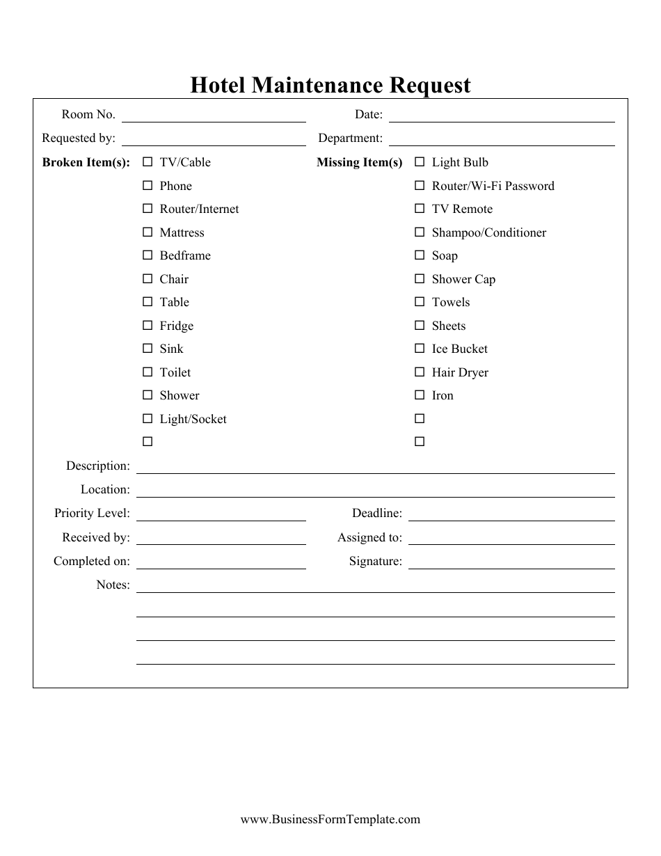 Hotel Maintenance Request Form, Page 1