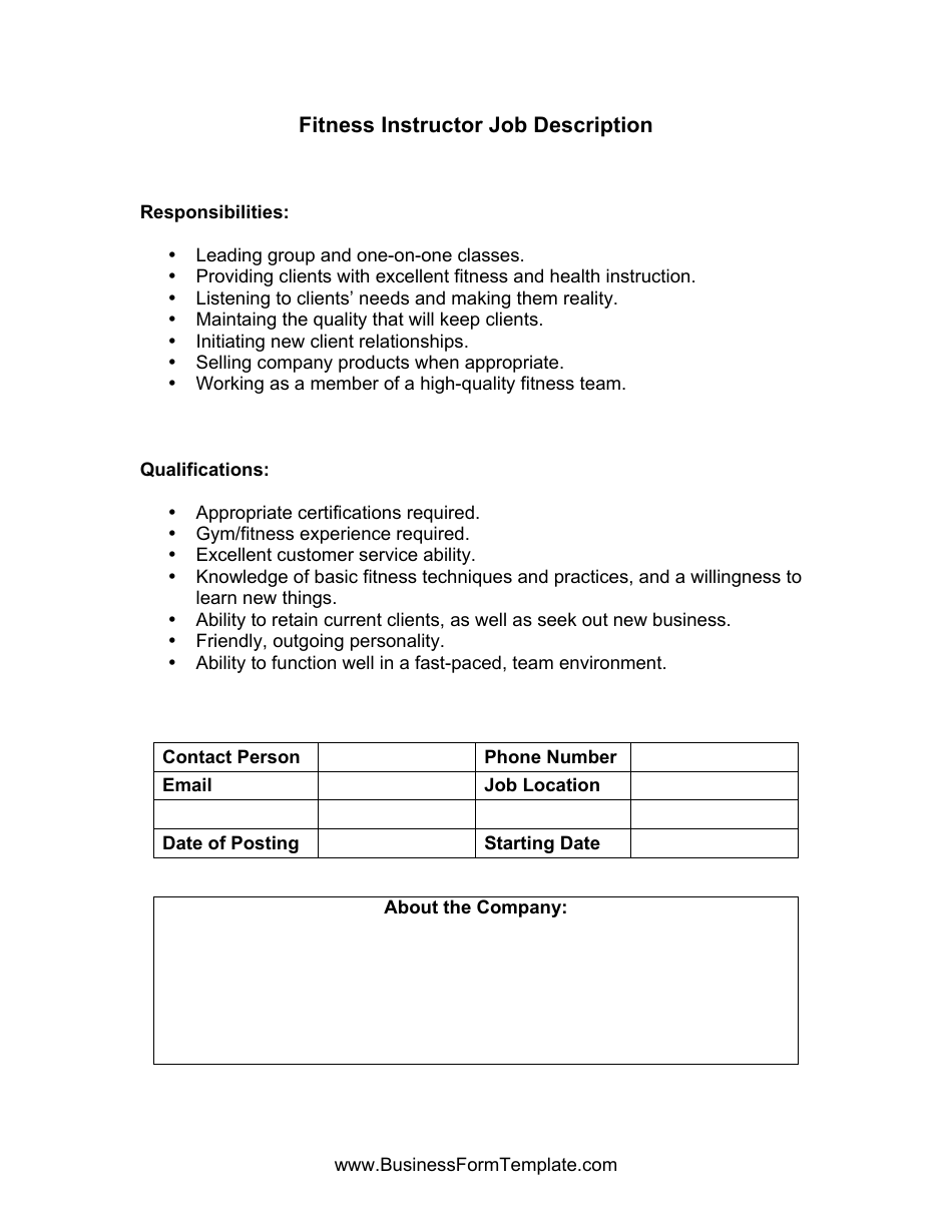Fitness Instructor Job Description Template Download Printable Pdf Templateroller 9048