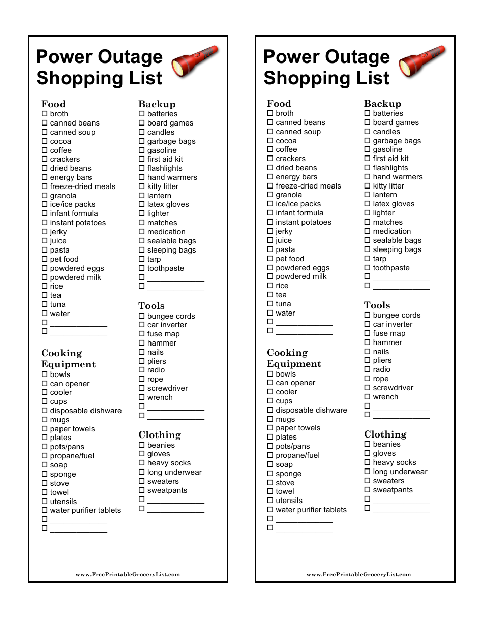 Power Outage Shopping List Template Download Printable PDF Templateroller