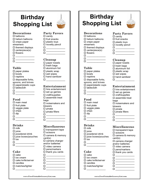 &quot;Birthday Shopping List Template&quot; Download Pdf
