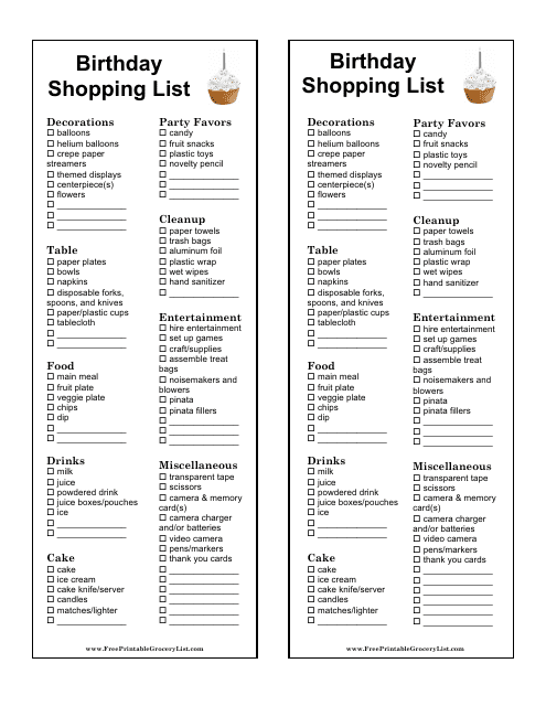 Birthday Shopping List Template