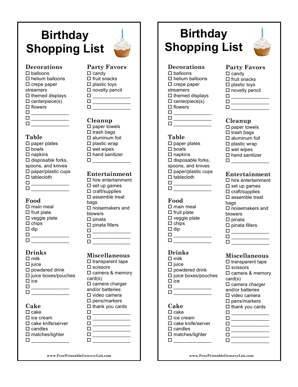 Birthday Shopping List Template Download Printable PDF Templateroller