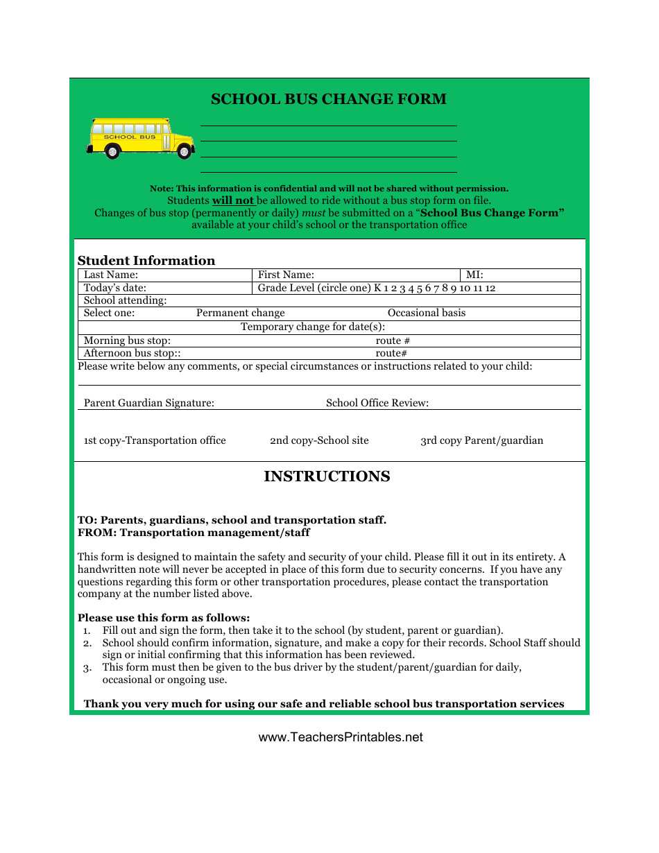 School Bus Change Form, Page 1