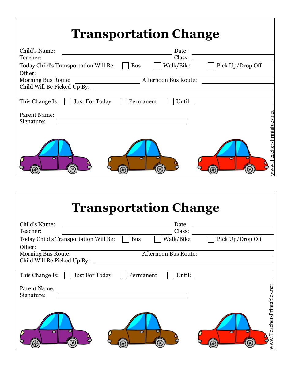 Transportation Change Form, Page 1