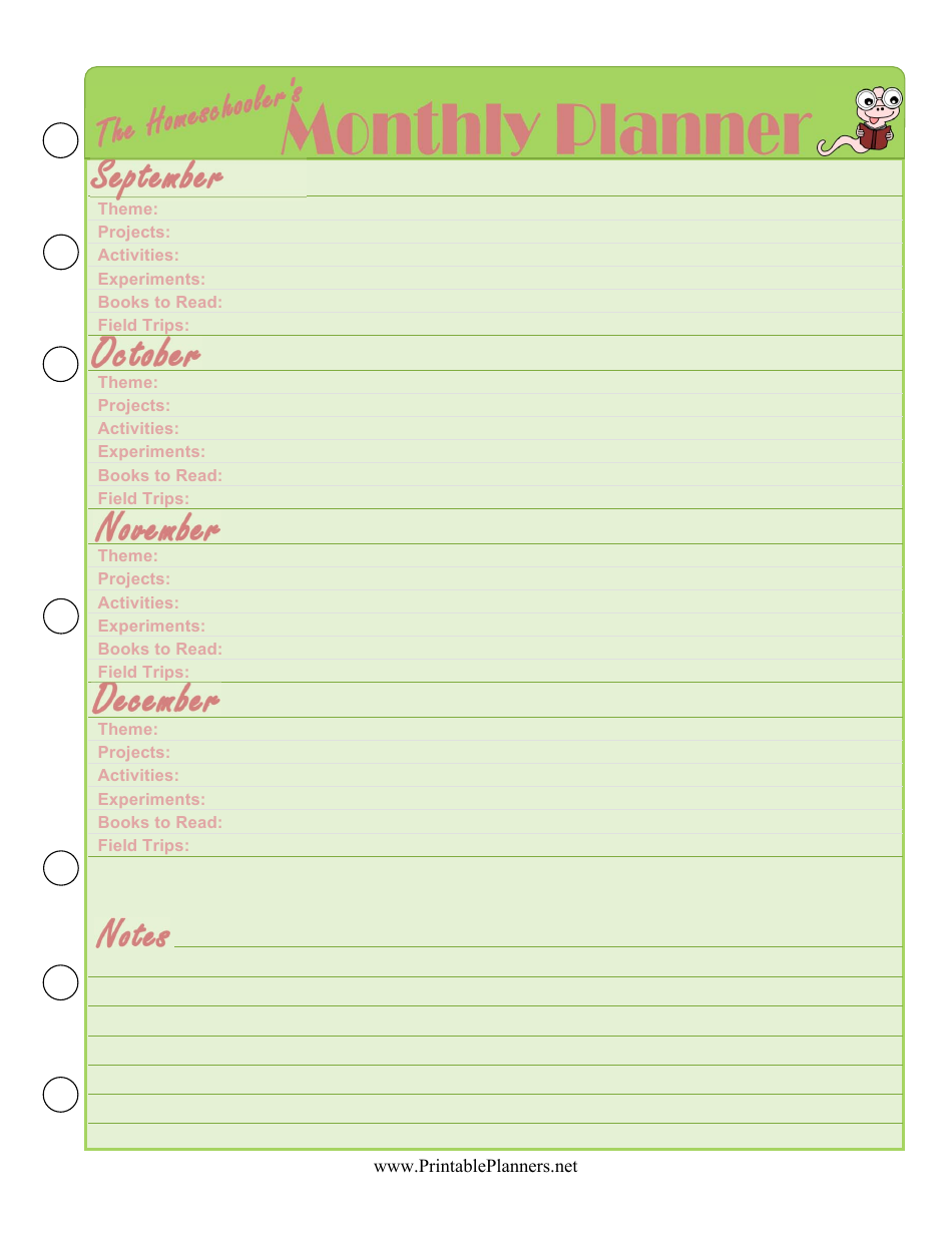 Homeschoolers Monthly Planner Template, Page 1