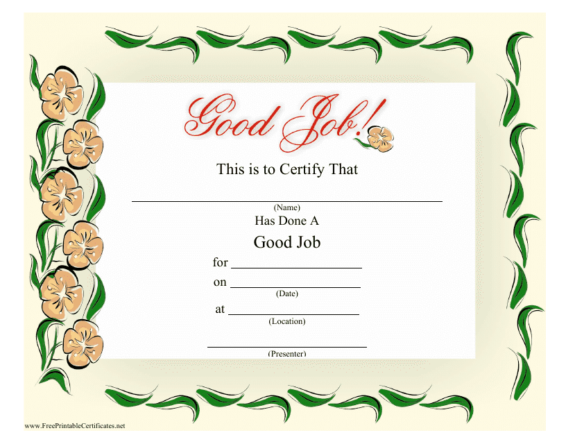 Good Job Certificate Template - Flowers