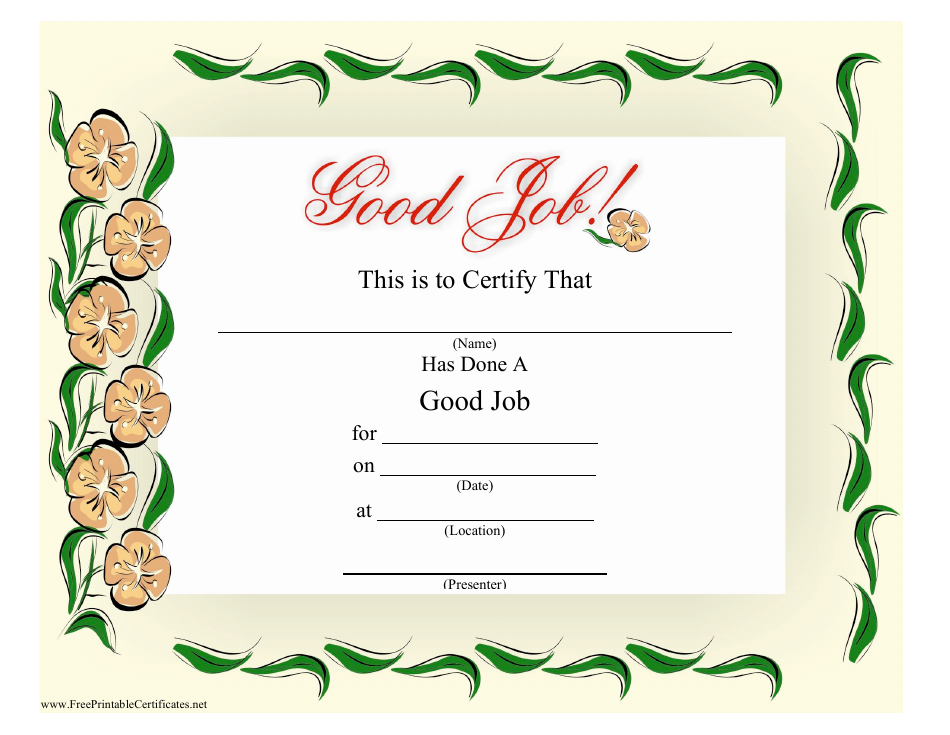 Good Job Certificate Template - Flowers, Page 1