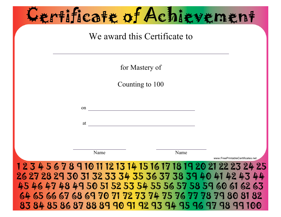 Mastery of Counting to 100 Certificate Template, Page 1