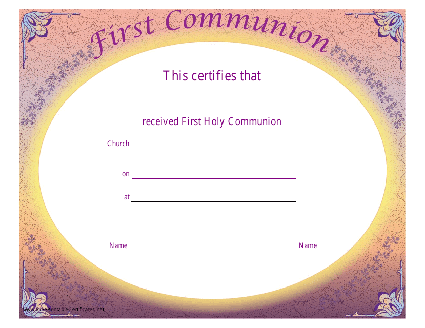 First Holy Communion Certificate Template - Pink