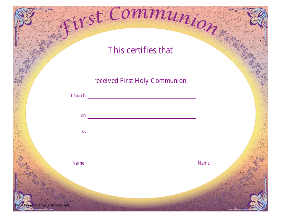 First Holy Communion Certificate Template Pink - Preview Image