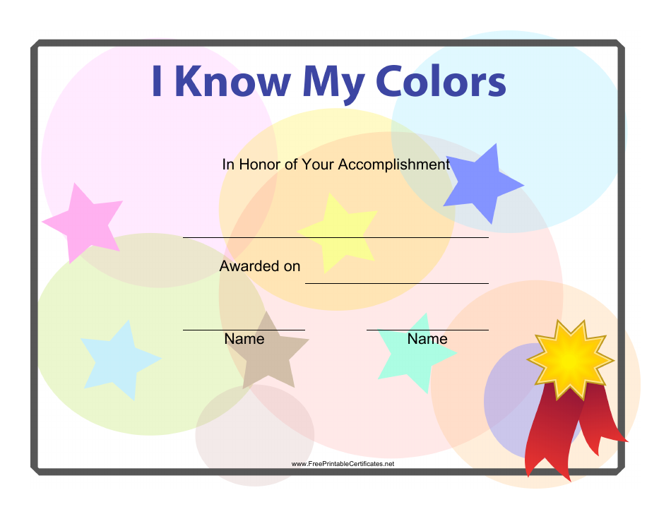 Colorful certificate template for kids with the title "I Know My Colors Certificate" displayed prominently at the top. The certificate consists of various vibrant colors, including shades of red, blue, yellow, and green, engagingly showcasing a fun and interactive learning environment for children.