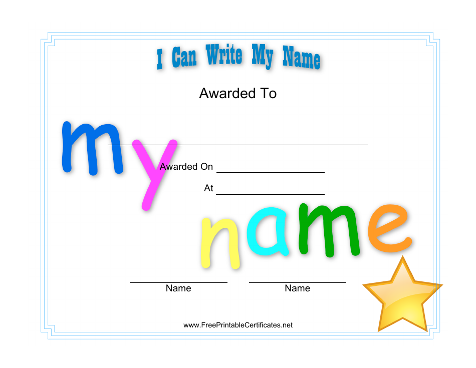Customizable 'I Can Write My Name Certificate' template
