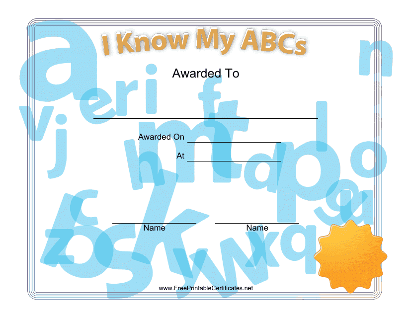 &quot;I Know My Abcs Award Certificate Template&quot; Download Pdf