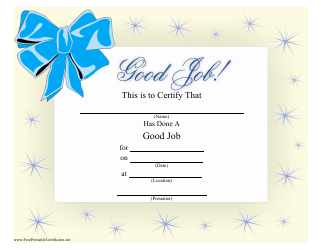 Document preview: Good Job Certificate Template - Blue Bow