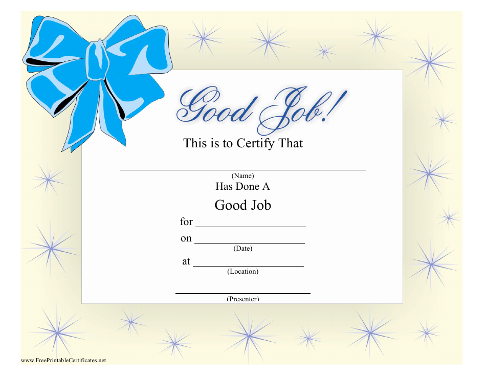 Good Job Certificate Template - Blue Bow